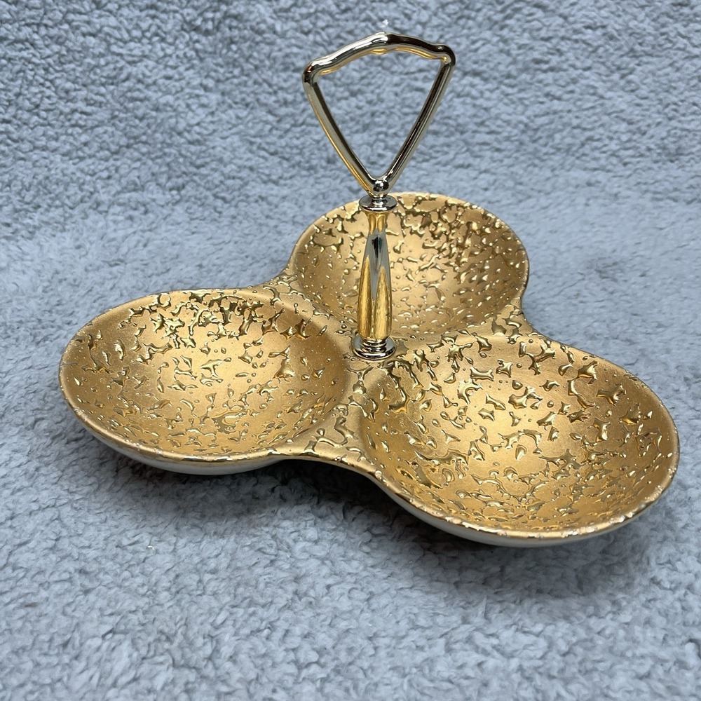 Hand Decorated Weeping Bright Gold‎ Candy Dish Vintage 3 Section Server 22K Gold